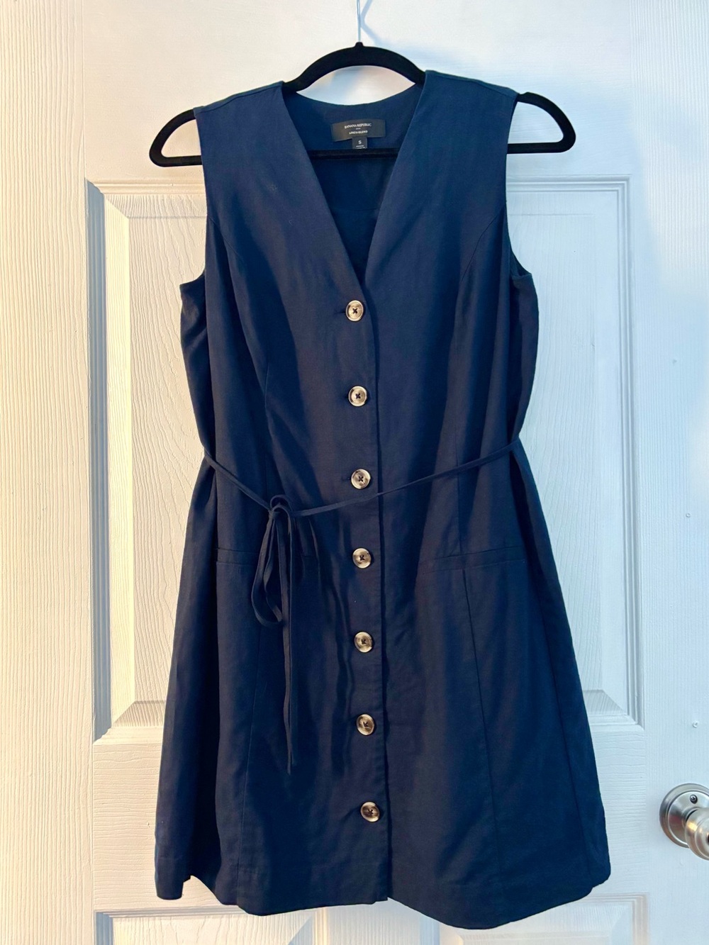 Navy Linen V-Neck Button Front Sleeveless Dress Banana Republic Petite Small